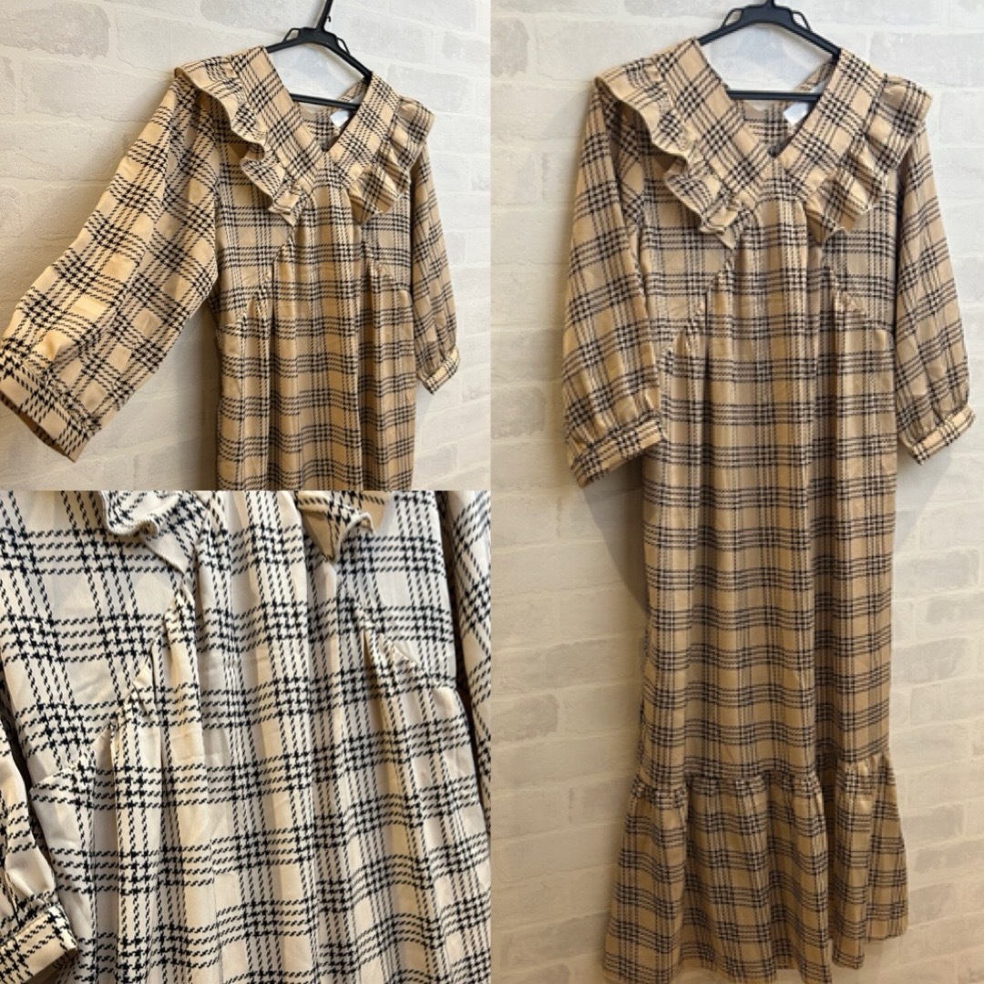 tocco(トッコ)のtocco closet♡フリル付き千鳥チェック柄七分袖ワンピース♡ レディースのワンピース(ロングワンピース/マキシワンピース)の商品写真