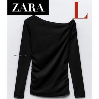 ザラ(ZARA)の【新品】ZARA ギャザーTシャツ　アシンメトリートップス　オフショルダー(カットソー(長袖/七分))