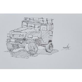 『ジープ』ペン画。線画。絵画。ポストカード。車。(絵画/タペストリー)