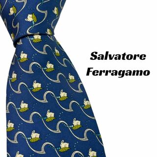 Ferragamo - 【6086】美品！ サルヴァトーレフェラガモ　ネクタイ　ブルー系　うさぎ柄