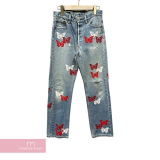 ABOUT DREAMS Butterfly Jeans アバウトドリームズ バタフライジーンズ デニムパンツ バタフライプリント 蝶 総柄 リメイク 加工 ボタンフライ リーバイスボディ インディゴ サイズ31 【240405】【中古-A】【me04】(スラックス/スーツパンツ)