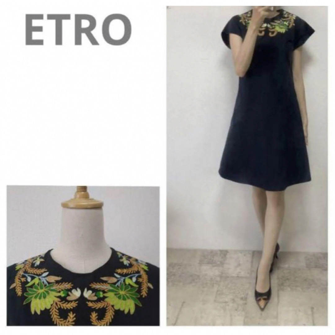 ETRO(エトロ)の希少まぁ美品エトロ　シルク刺繍コットンストレッチAラインワンピース38／ブラック レディースのワンピース(ひざ丈ワンピース)の商品写真