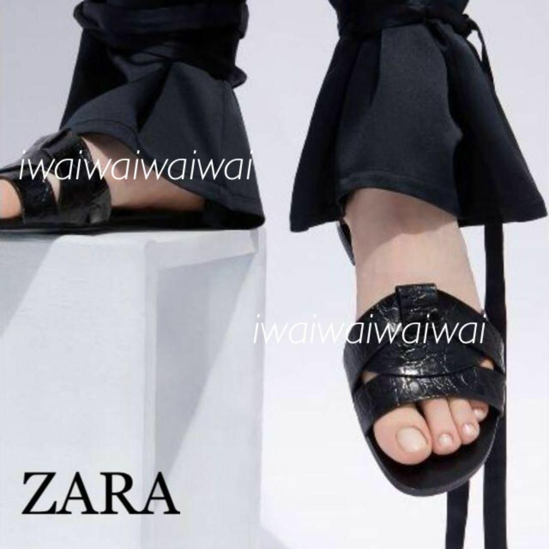 ZARA(ザラ)の新品 ZARA 39 本革 リアルレザー フラット サンダル BL レディースの靴/シューズ(サンダル)の商品写真