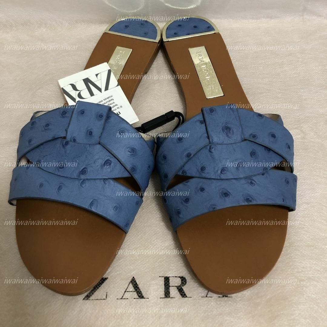 ZARA(ザラ)の新品 ZARA 39 本革 リアルレザー フラット サンダル BL レディースの靴/シューズ(サンダル)の商品写真