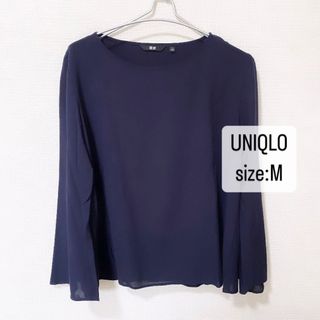 ユニクロ(UNIQLO)のUNIQLO   レーヨンエアリーフレアデニムTブラウス　ネイビー　M(シャツ/ブラウス(長袖/七分))