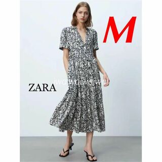ザラ(ZARA)の新品 ZARA M 花柄 白黒 シャツ ワンピース(ロングワンピース/マキシワンピース)