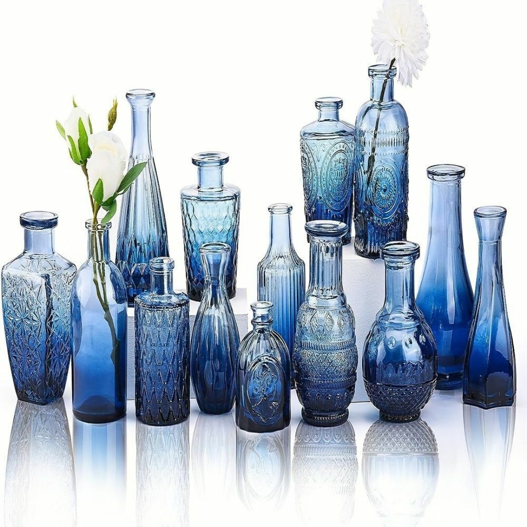 花瓶14個セット 青の花瓶 ブルーの花瓶 ヴィンテージクリア 花瓶14個セット 青の花瓶 ブルーの花瓶 ヴィンテージクリア