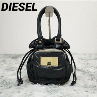 ディーゼル(DIESEL)のDIESEL 巾着 ハンドバッグ ナイロン 持ち手レザー 黒ブラック(ハンドバッグ)