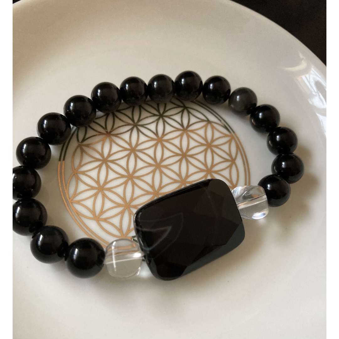 黒天眼　水晶　オブシディアン　天然石ブレスレット　ハンドメイド　ブラック レディースのアクセサリー(ブレスレット/バングル)の商品写真