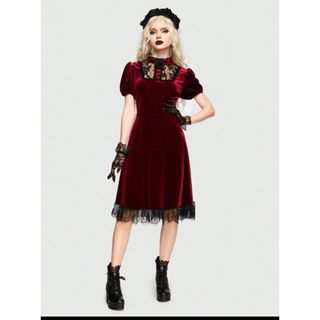 シーイン(SHEIN)の【SHEIN】ROMWE Goth レース パフスリーブ ベルベット ドレス(ひざ丈ワンピース)