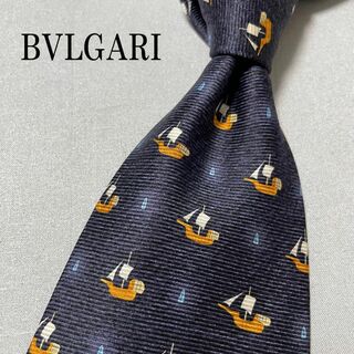 美品 BVLGARI ブルガリ セッテピエゲ 船 小紋柄 ネクタイ ネイビー 紺