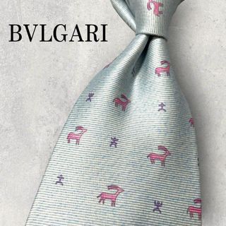 ブルガリ(BVLGARI)の美品 BVLGARI ブルガリ セッテピエゲ アニマル柄 人 ネクタイ 水色(ネクタイ)