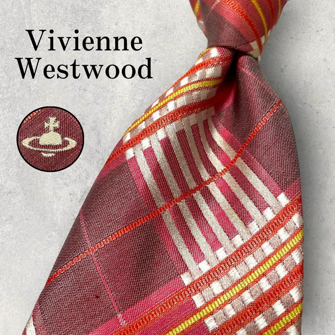 Vivienne Westwood(ヴィヴィアンウエストウッド)の美品 Vivienne Westwood ジャガード チェック柄 ネクタイ 赤 メンズのファッション小物(ネクタイ)の商品写真