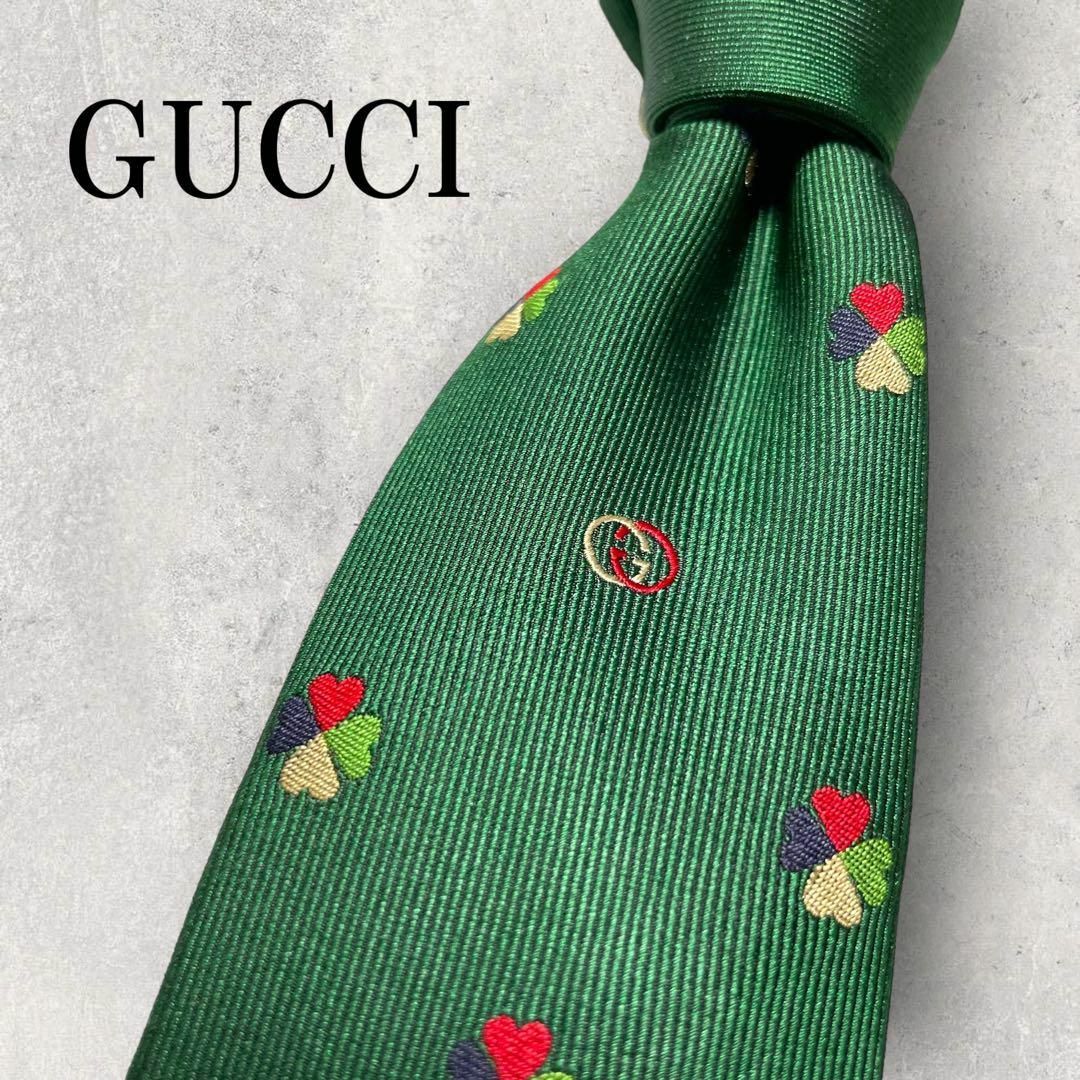 Gucci(グッチ)の美品 GUCCI グッチ ハート柄 クローバー インターロッキング ネクタイ 緑 メンズのファッション小物(ネクタイ)の商品写真