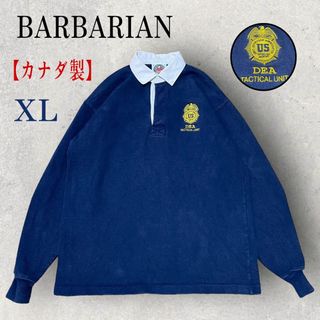 美品 カナダ製 BARBARIAN ラガーシャツ 刺繍ロゴ XL ネイビー 紺