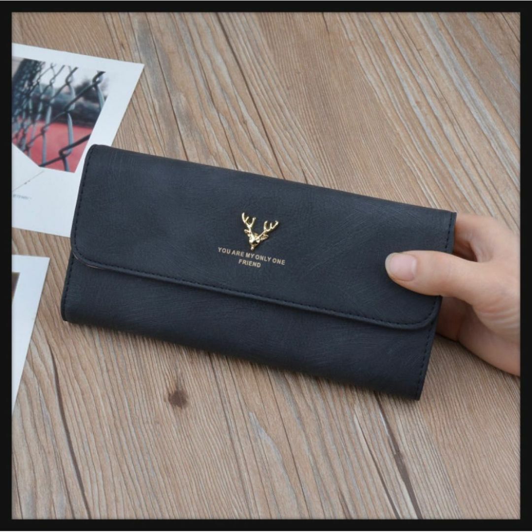 【新品未使用】黒　長財布　ウォレット　フェイクレザー　カードホルダー　鹿 レディースのファッション小物(財布)の商品写真