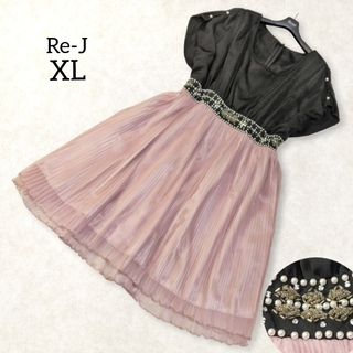 大きいサイズ XL ✿ ビジュー チュールレース ワンピース ドレス ピンク 黒(ミディアムドレス)