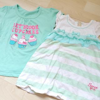 ミントグリーン系半袖トップスノースリーブワンピース２枚組 90cm(Tシャツ/カットソー)