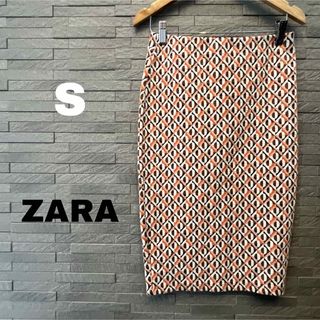 ザラ(ZARA)のザラ ZARA タイト スカート オレンジ×ブラウン×白 ボトムス 膝丈 膝下 (ひざ丈スカート)