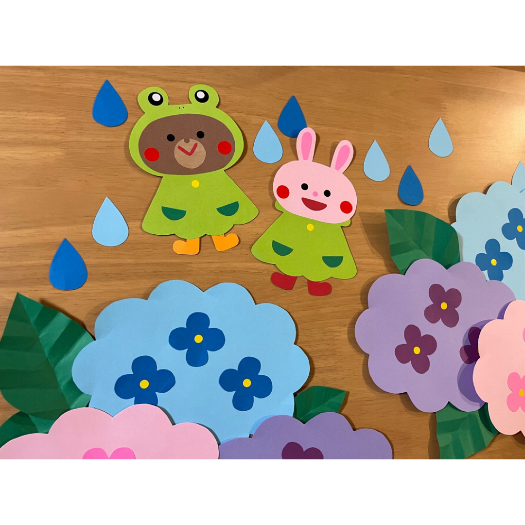 あじさい 梅雨 カッパ 壁面 保育 ハンドメイドのハンドメイド その他(その他)の商品写真