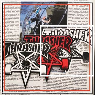 スラッシャー(THRASHER)のTHRASHERスラッシャーマガジンUS限定型抜きロゴアイコンステッカーwht(スケートボード)