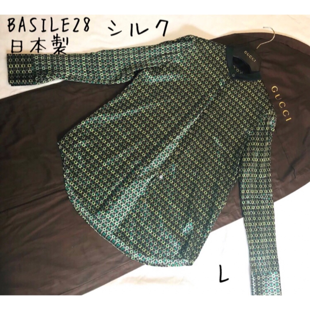 BASILE28　バジーレ28 日本製 シルクロングシャツ 幾何学模様 光沢 L レディースのトップス(シャツ/ブラウス(長袖/七分))の商品写真