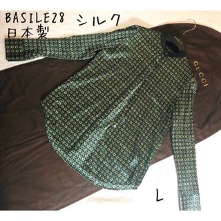 BASILE28　バジーレ28 日本製 シルクロングシャツ 幾何学模様 光沢 L(シャツ/ブラウス(長袖/七分))