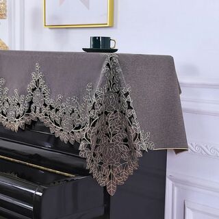 【色: 茶色】ピアノカバー アップライトトップカバー 花の刺繍 透かし彫り 茶色