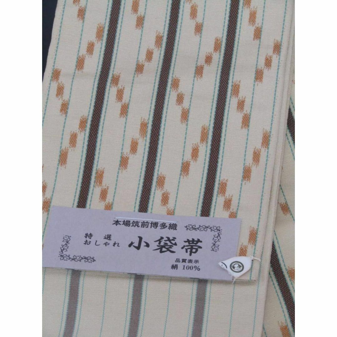 【Q0282】Ｓお仕立て上がり正絹本場筑前博多織小袋帯　ベージュ地に幾何学模様 レディースの水着/浴衣(帯)の商品写真