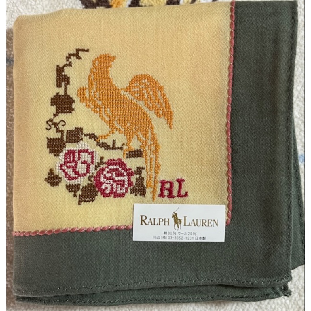 ラルフローレン  ハンカチ  花鳥柄刺繍　クリームイエロー　グリーン レディースのファッション小物(ハンカチ)の商品写真