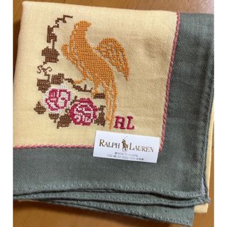 ラルフローレン  ハンカチ  花鳥柄刺繍　クリームイエロー　グリーン(ハンカチ)