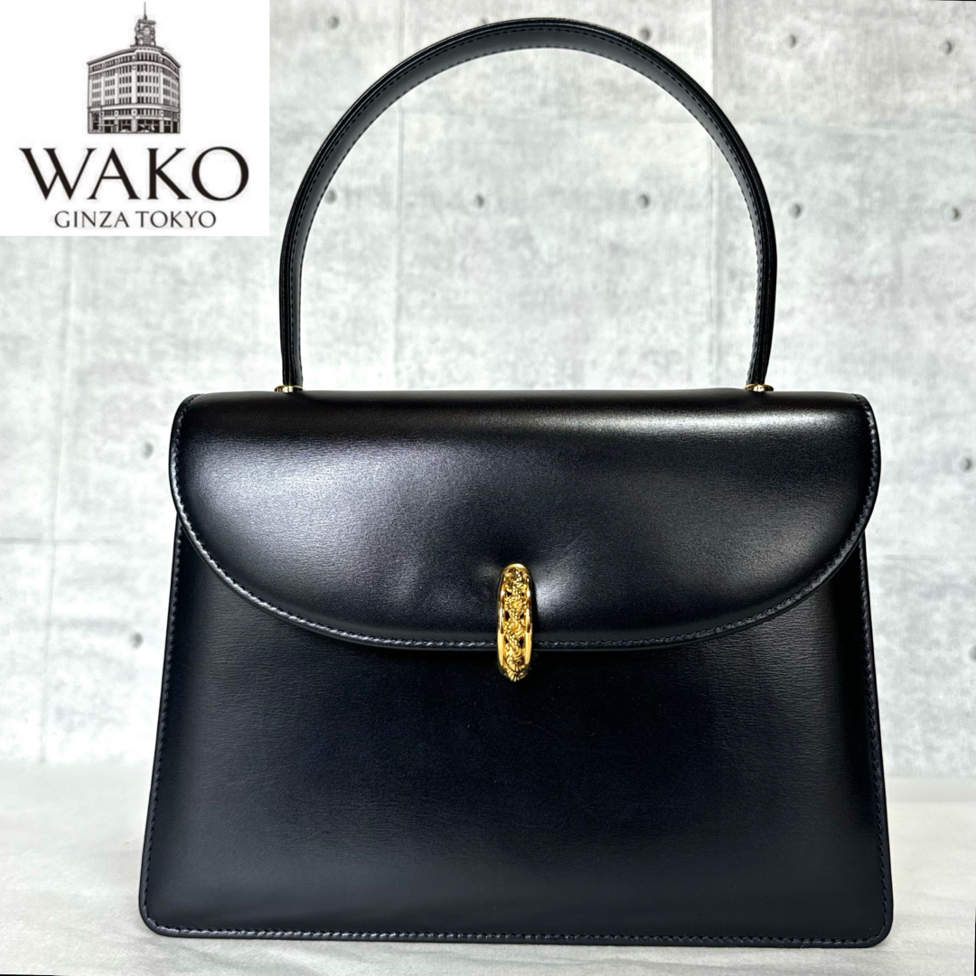 良品 WAKO 銀座和光 カーフレザー ダークネイビー ゴールド金具 良品 WAKO 銀座和光 カーフレザー ダークネイビー ゴールド金具