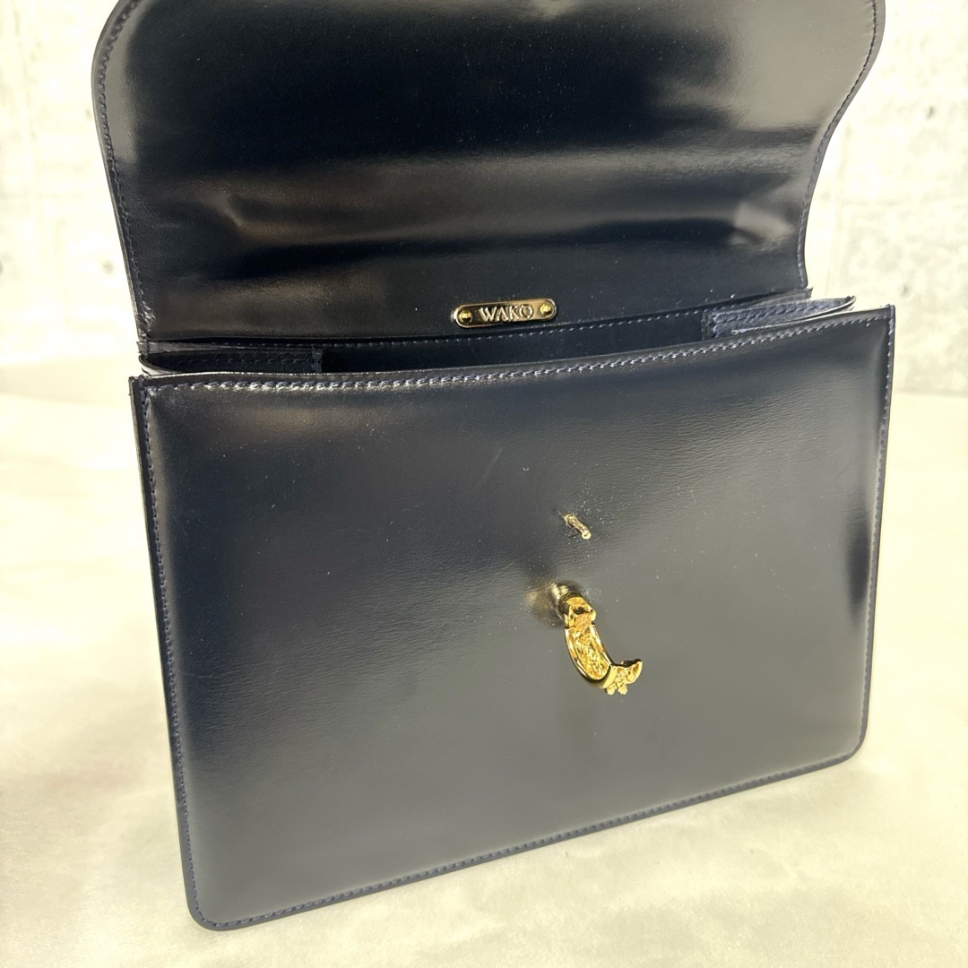 良品 WAKO 銀座和光 カーフレザー ダークネイビー ゴールド金具 良品 WAKO 銀座和光 カーフレザー ダークネイビー ゴールド金具