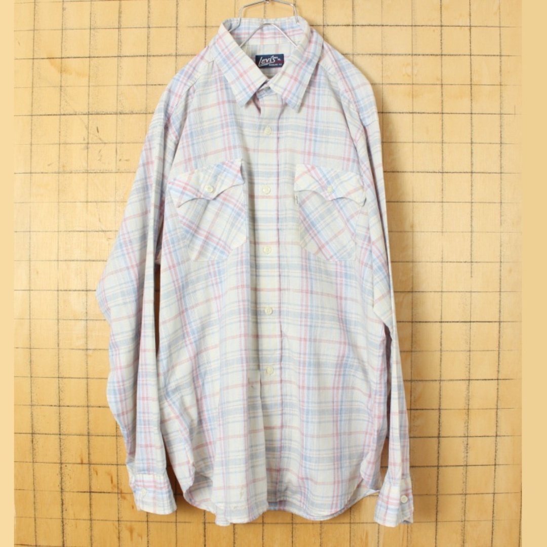 Levi's(リーバイス)の80s USA製Levisリーバイスチェックシャツ ライトブルー XL ss57 メンズのトップス(シャツ)の商品写真