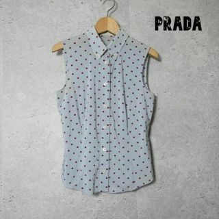 プラダ(PRADA)の良品 プラダ シルク×ナイロン ドット柄 ノースリーブ シャツ ブラウス 水色(シャツ/ブラウス(半袖/袖なし))