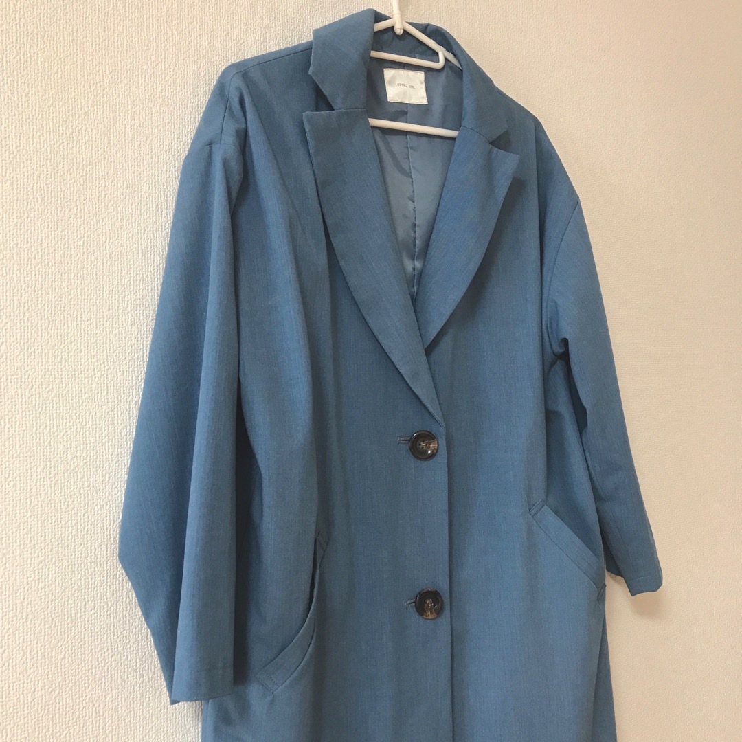 エムズ　RETRO GIRL ロング　テーラードジャケット　水色　M レディースのジャケット/アウター(テーラードジャケット)の商品写真