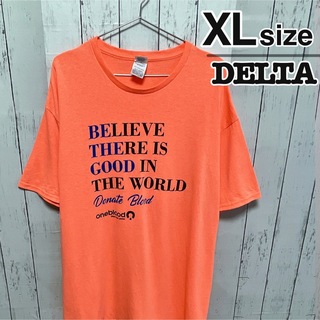 デルタ(DELTA)のDELTA　Tシャツ　XL　オレンジ　プリント　ロゴ　クルーネック　USA古着(Tシャツ/カットソー(半袖/袖なし))