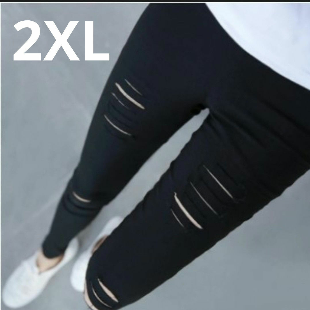 新品 2XL 3L ダメージ スキニー ジーンズ 黒 ブラック 大人可愛い 女性 レディースのパンツ(スキニーパンツ)の商品写真