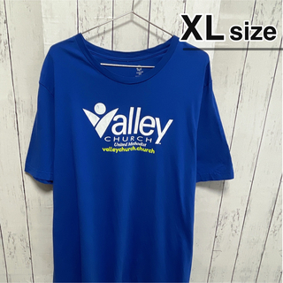 USA古着　Tシャツ　XL　ブルー　青　プリント　ロゴ　クルーネック　コットン(Tシャツ/カットソー(半袖/袖なし))