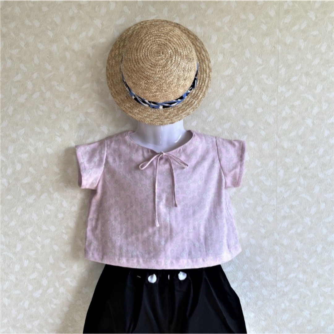 ダブルガーゼ リボン 半袖シャツ ピンク 花柄 小花柄100サイズ キッズ/ベビー/マタニティのキッズ服女の子用(90cm~)(ブラウス)の商品写真