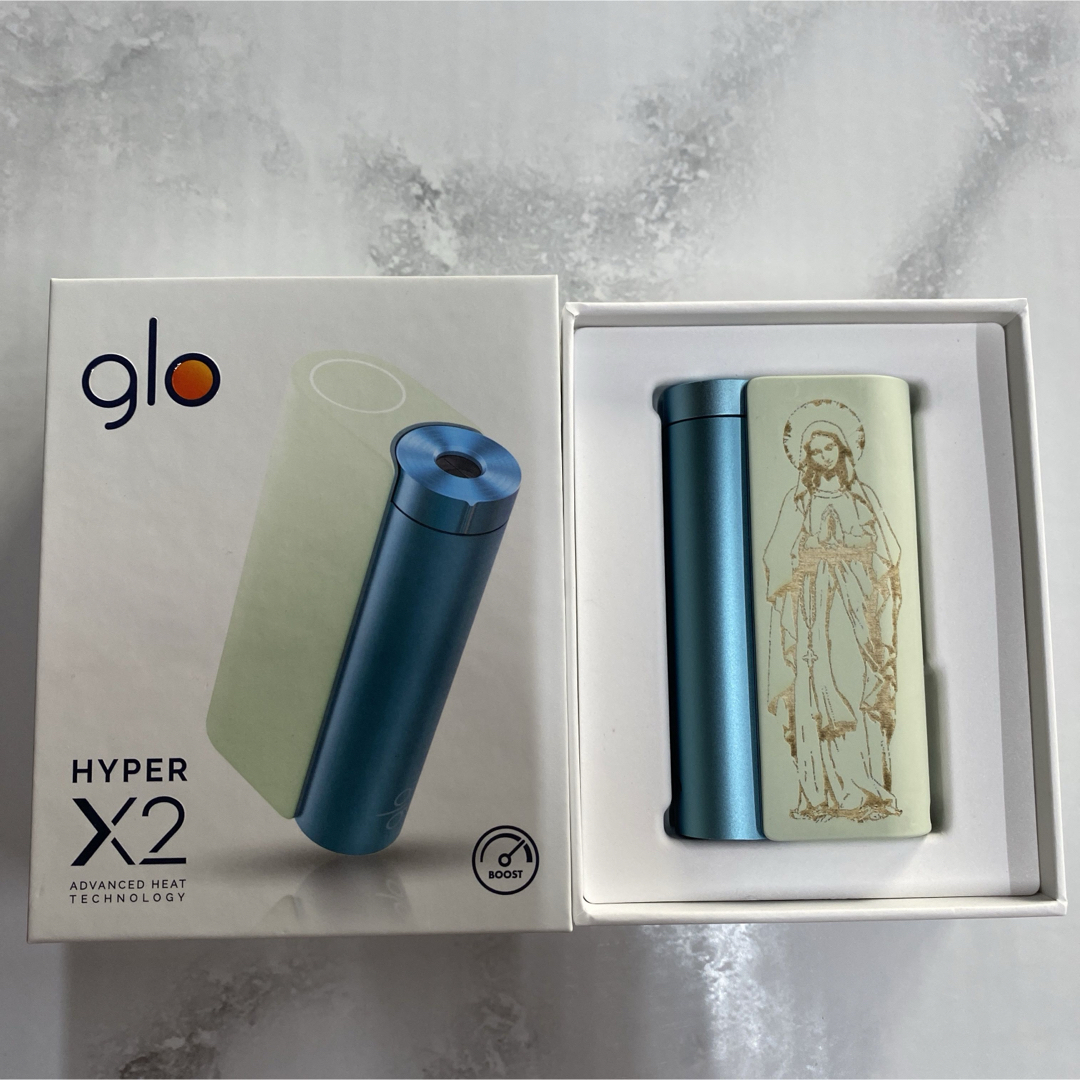 glo(グロー)の聖母 マリア レーザー加工 glo hyper X2 グローハイパー本体 ブルー メンズのファッション小物(タバコグッズ)の商品写真