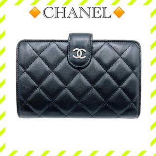 シャネル(CHANEL)の良品 シャネル ラムスキン 二つ折り財布 黒 ブラック レディース ユニセックス(財布)