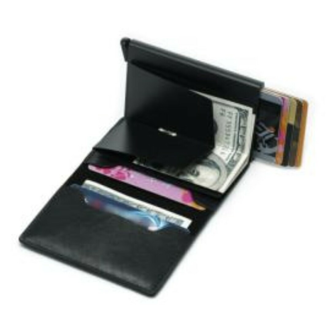 財布 スライドケース 名刺入れ ブラック カードケース レザー 便利 メンズのファッション小物(折り財布)の商品写真