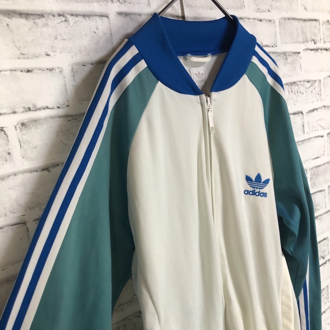90s⭐️adidas トラックジャケットM 刺繍 vintage 白×緑×青白 90s⭐️adidas トラックジャケットM 刺繍 vintage 白×緑×青白