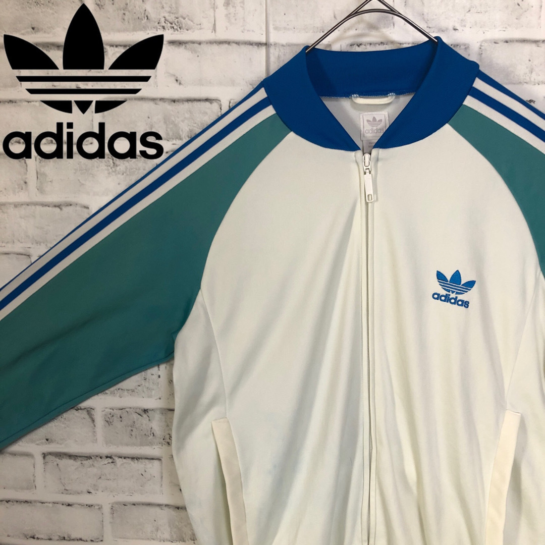 90s⭐️adidas トラックジャケットM 刺繍 vintage 白×緑×青白 90s⭐️adidas トラックジャケットM 刺繍 vintage 白×緑×青白