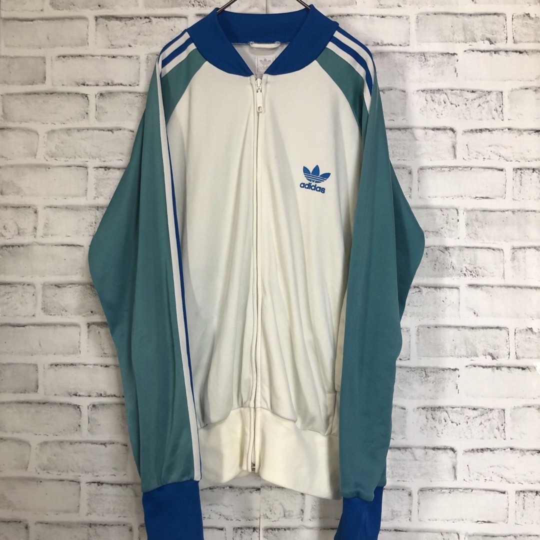 90s⭐️adidas トラックジャケットM 刺繍 vintage 白×緑×青白 90s⭐️adidas トラックジャケットM 刺繍 vintage 白×緑×青白