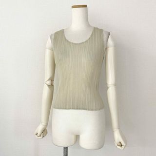 プリーツプリーズイッセイミヤケ(PLEATS PLEASE ISSEY MIYAKE)の32d7 PLEATS PLEASE ISSEY MIYAKE プリーツプリーズ イッセイミヤケ 日本製 PP06-JK601 ノースリーブメッシュプリーツカットソー トップス  タンクトップ 3 ベージュ MADE IN JAPAN(カットソー(半袖/袖なし))