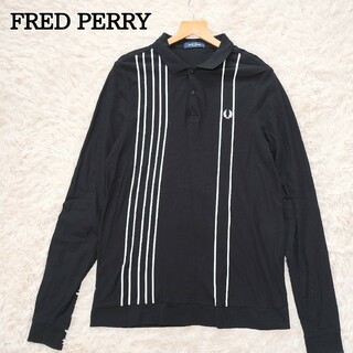 フレッドペリー(FRED PERRY)のフレッドペリー　長袖ポロシャツ　刺繍　ストライプ　アシンメトリー　黒　L(ポロシャツ)