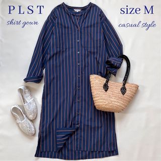 プラステ(PLST)の◆美品◆プラステ◆ゆったり大きめ◆ストライプシャツワンピース◆ガウン◆ネイビー◆(ロングワンピース/マキシワンピース)