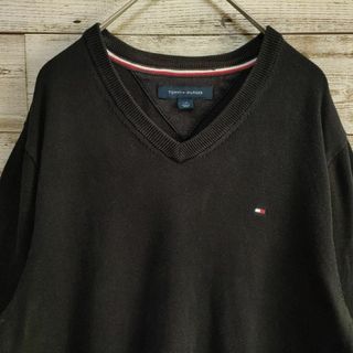 トミーヒルフィガー(TOMMY HILFIGER)の【528】トミーヒルフィガー　長袖　Ｖネック　ニットセーター　黒　Ｌサイズ　古着(ニット/セーター)